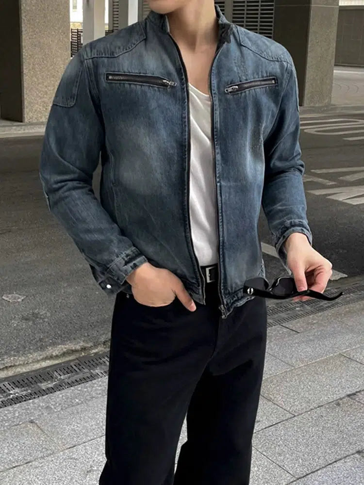 Chest Pockets Denim Zipper Jacket Masculine Men's 