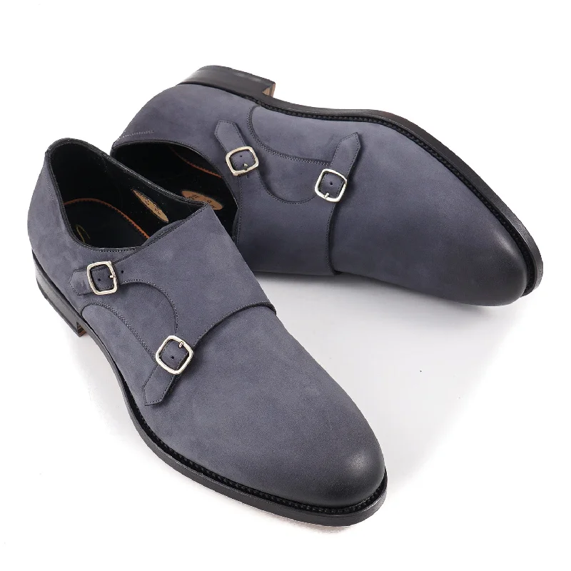 Santoni Double-Buckle Monk Strap in Nubuck Suede Traditional Men's Wool