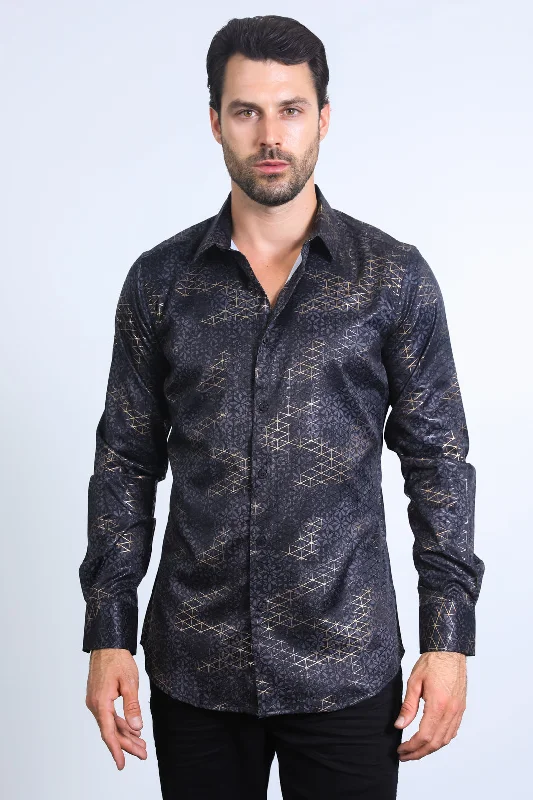 Mens Modern Fit Stretch Foil Fashion Black Shirt Lumberjack