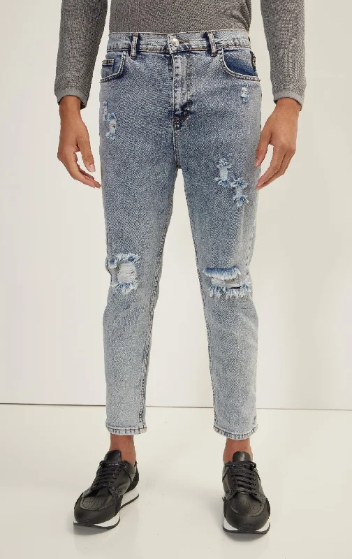 Classic Straight Leg Distressed Jean - Ice Blue Sleek Men's Contemporary 