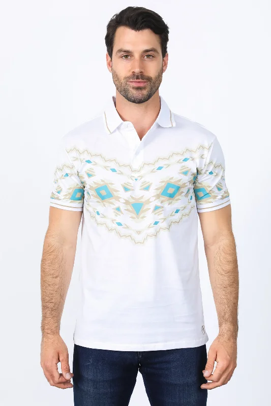 Men's White Aztec Panoramic Print Polo Rugged Men's Outdoor 