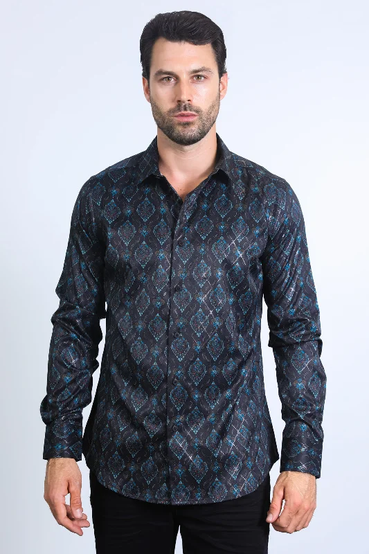 Mens Modern Fit Stretch Foil Fashion Black/Black Shirt Masculine Men's Thick