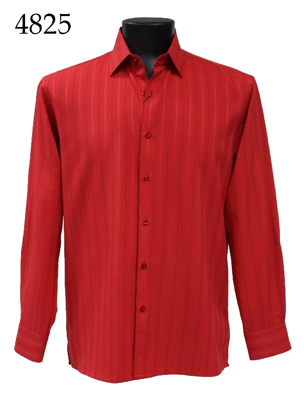 Bassiri Long Sleeve Button Down Casual Tone on Tone Men's Shirt - Shadow Stripe Pattern Red #4825 Bohemian Men's Free