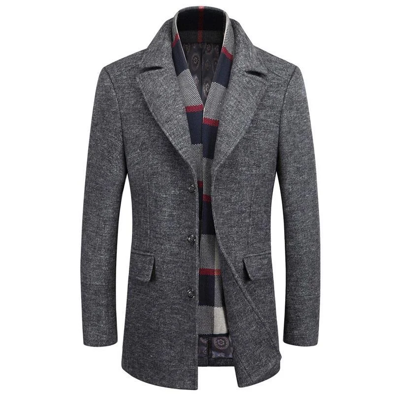 Classic Business Wool Pea Coat With Scarf Masculine Men's 