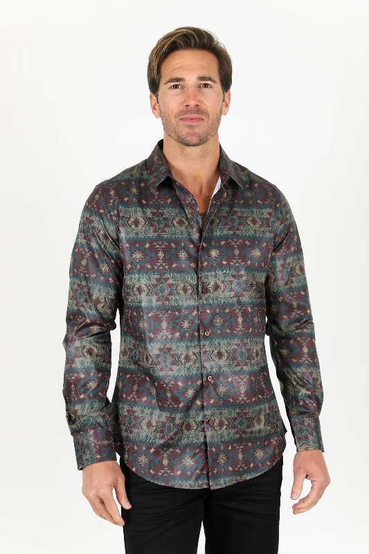 Mens Modern Fit Stretch Aztec Foiled Shirt - Brown Dapper Men's Bow