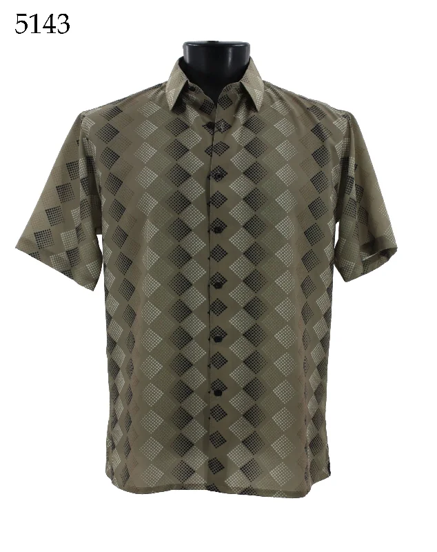 Bassiri Short Sleeve Button Down Casual Printed Men's Shirt - Diamond Pattern Olive #5143 Sharp Men's Italian