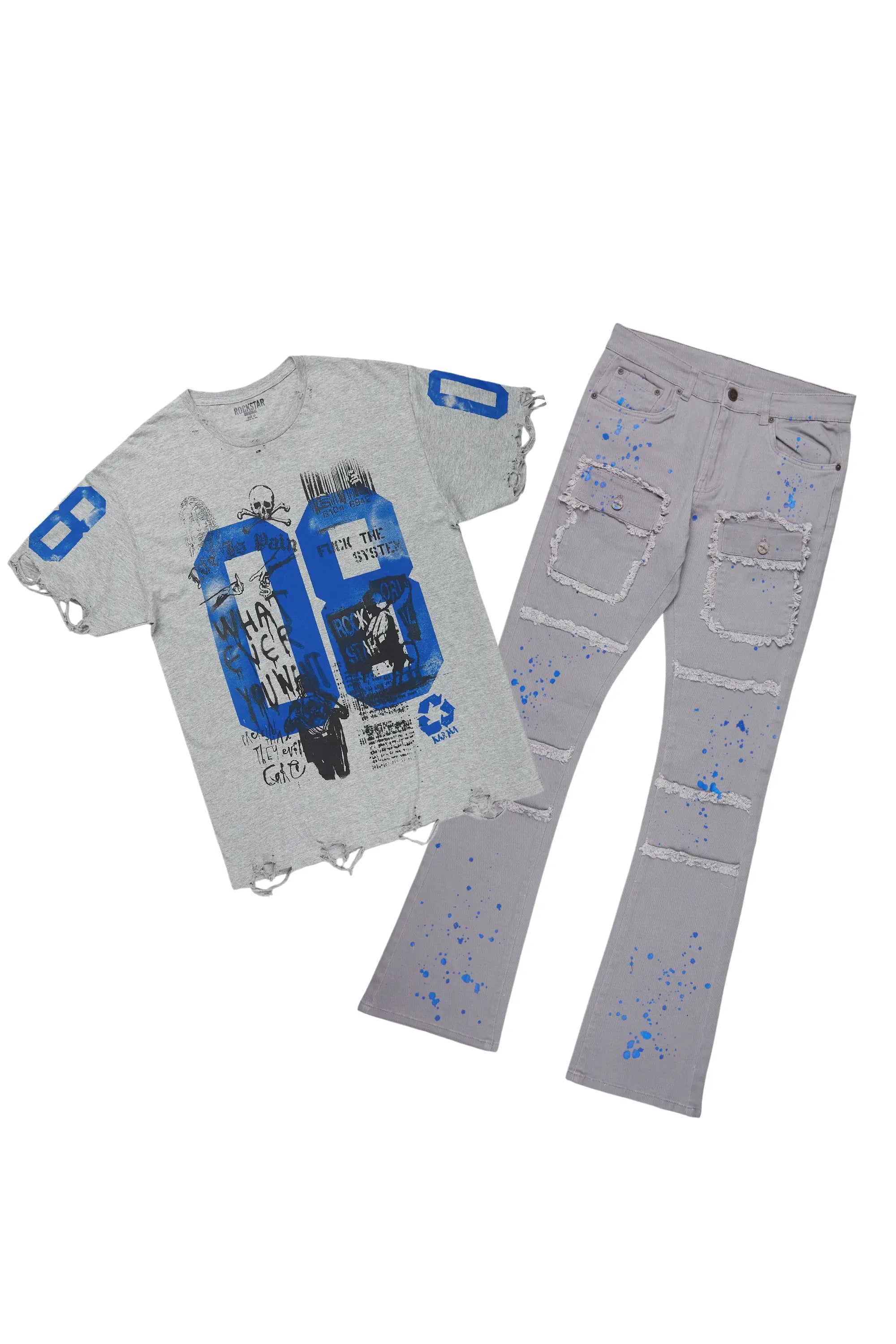 Grill Grey Oversize T-Shirt/Stacked Flare Cargo Jean Bundle Elegant Men's Formal 