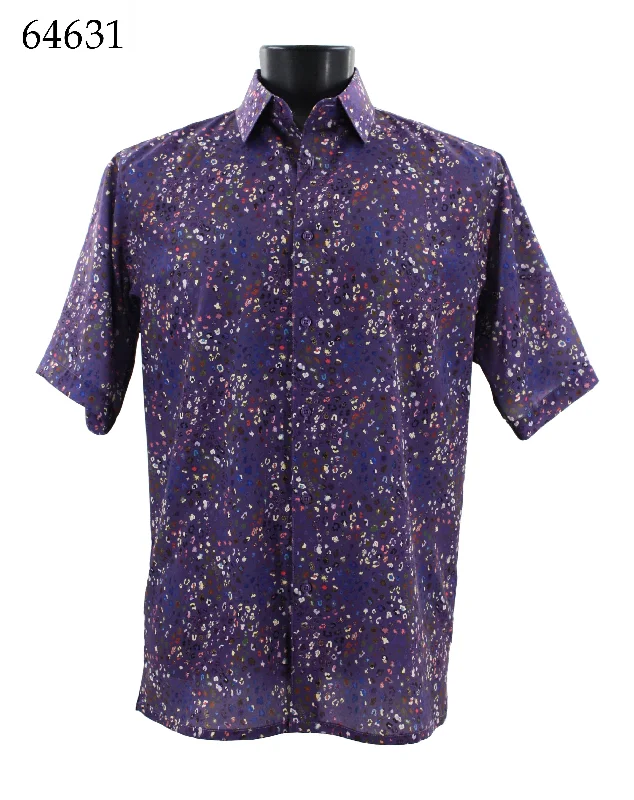 Bassiri Short Sleeve Button Down Casual Printed Men's Shirt - Cheetah Pattern Purple #64631 Luxurious Men's High