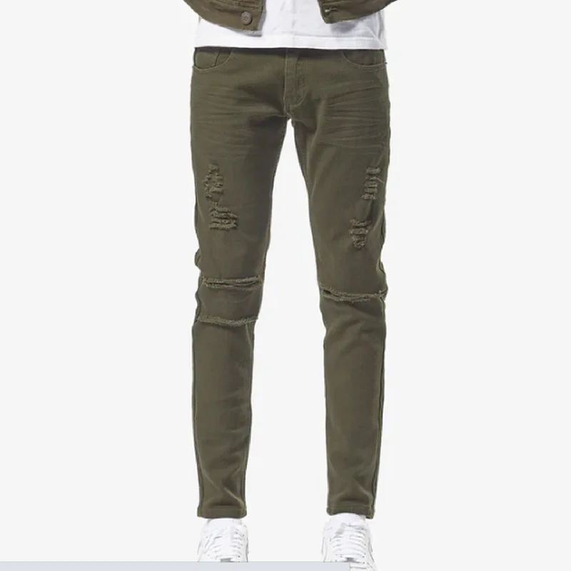 Copper Rivet Ripped Slim Jean (Olive) Polished Men's Silk
