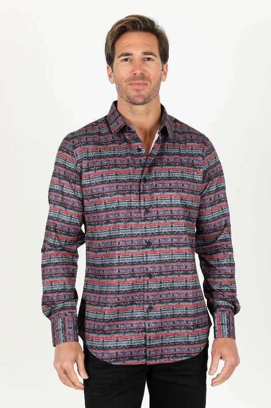 Mens Modern Fit Stretch Aztec Foiled Shirt - Black Sophisticated Men's 