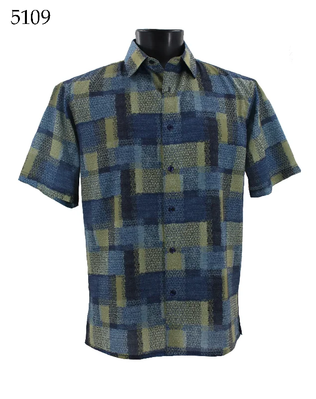 Bassiri Short Sleeve Button Down Casual Printed Men's Shirt - Blue & Green Geometrical Squares Pattern  #5109 Tough Men's Tactical