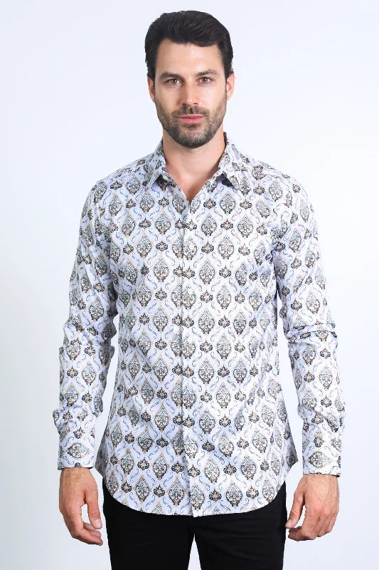 Mens Modern Fit Stretch Foil Fashion White/Khaki Shirt Hip Men's Urban
