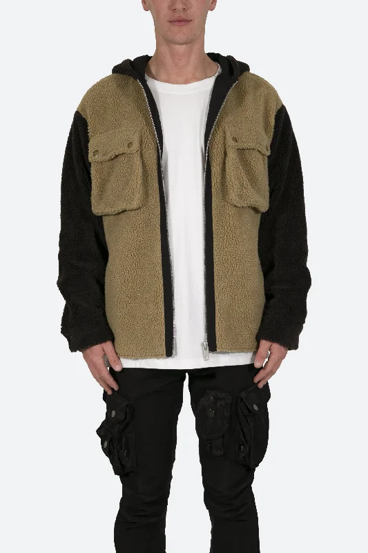 Two Tone Sherpa Zip Up Hoodie - Brown Youthful Men's Pop
