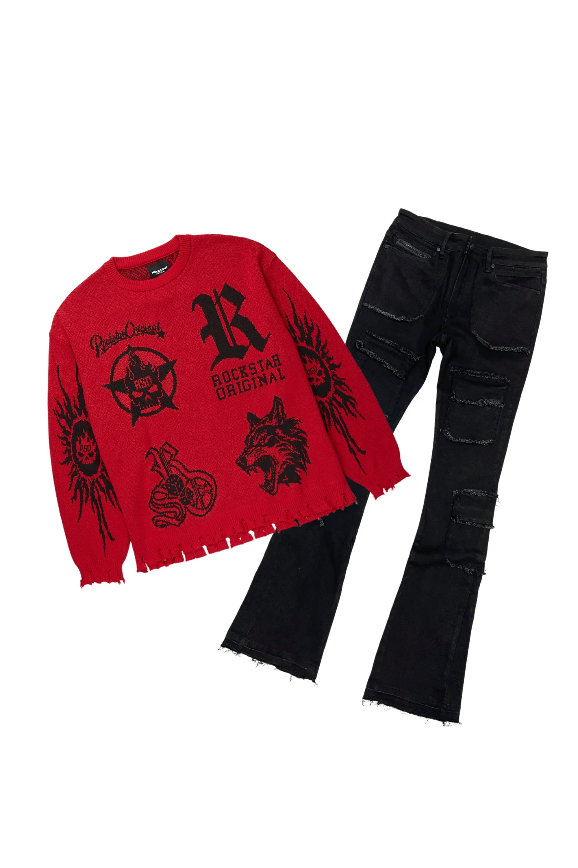 Fagan Red Knit Sweater & Tyrell Stacked Flare Jean Bundle Polished Men's Satin