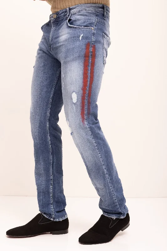 Red Stripe Cotton Denim Distressed Jeans - Indigo Modern Men's Geometric