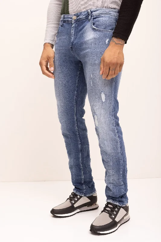 Straight Cut Cotton Denim Distressed Jeans- Indigo Gym