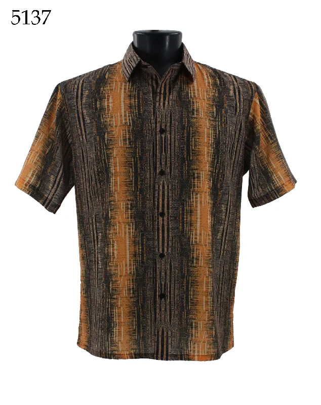 Bassiri Short Sleeve Button Down Casual Printed Men's Shirt - Abstract Pattern Gold #5137 Refined Men's Classic 