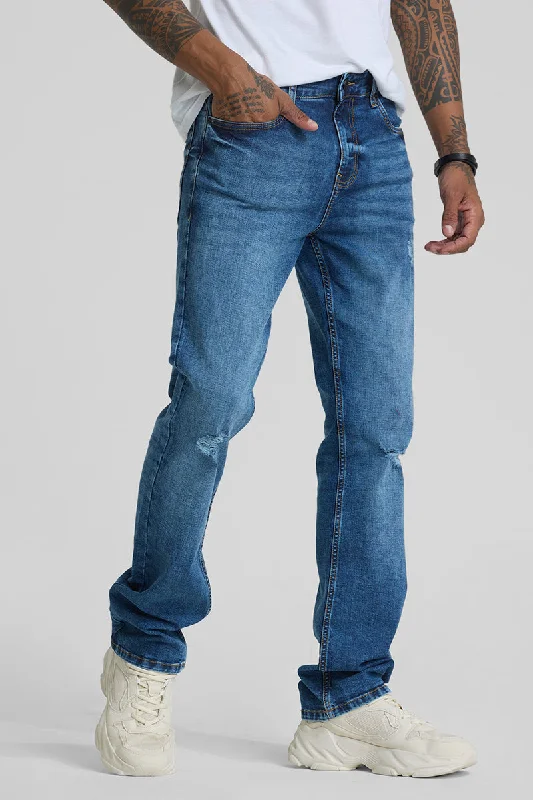 Blue Distressed Straight Fit Jeans Refined Men's European