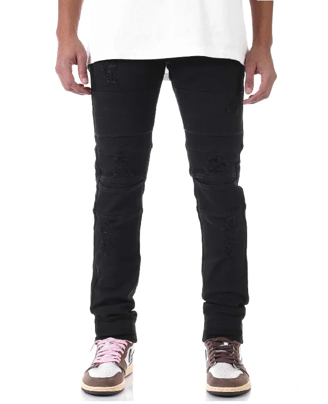 KDNK Destroyed Denim Jean with Panels (Black) Youthful Men's Anime