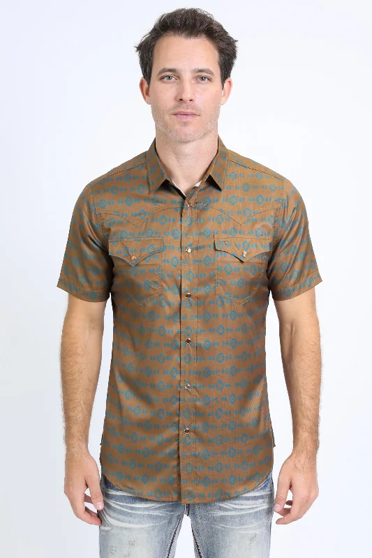 Mens Performance Western Short Sleeve Aztec Print Camel Shirt Casual Men's Japanese 