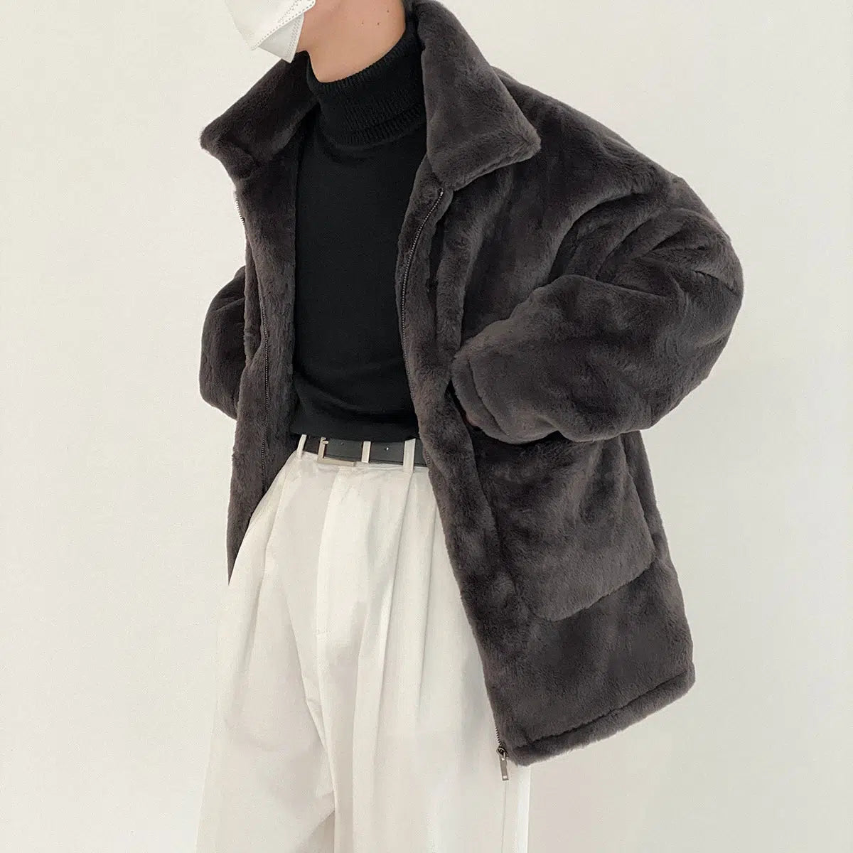 Rabbit Fur Lapel Coat Polished Men's Satin