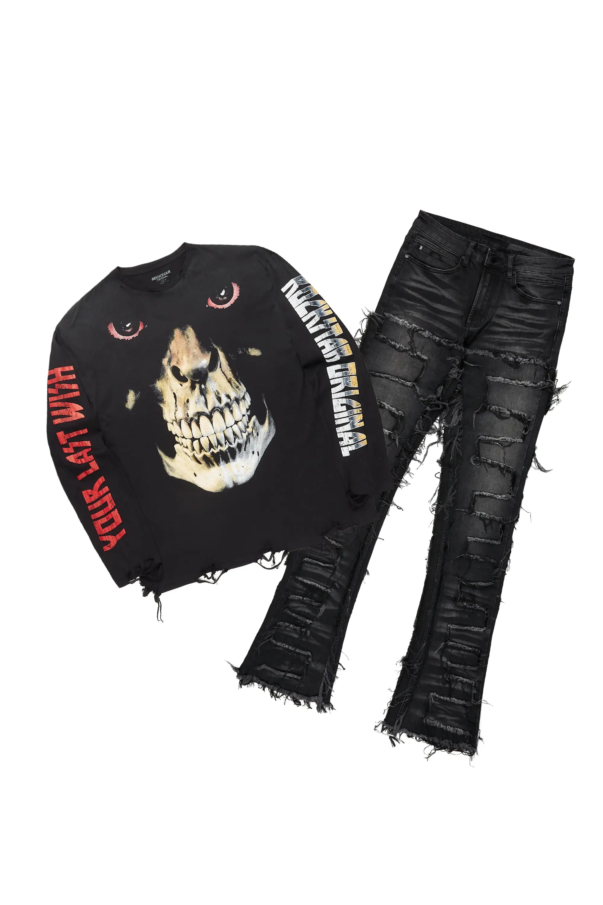 Dunebi Black Long Sleeve T-Shirt & Shake Stacked Flare Jean Bundle Sporty Men's Athleisure 