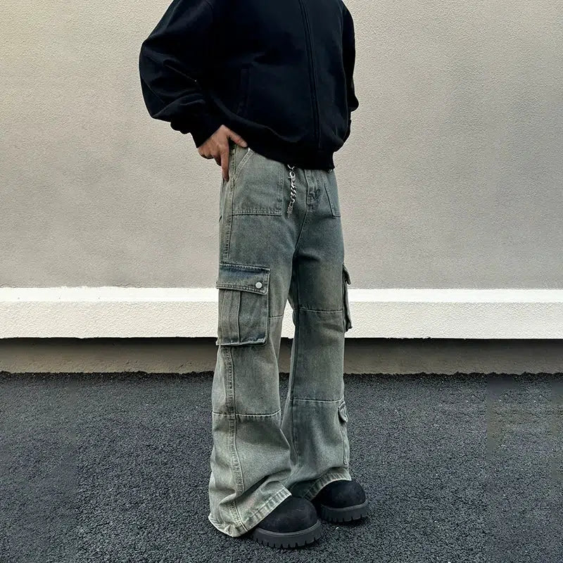 Wide-Leg Cargo Jeans Practical Men's Quick