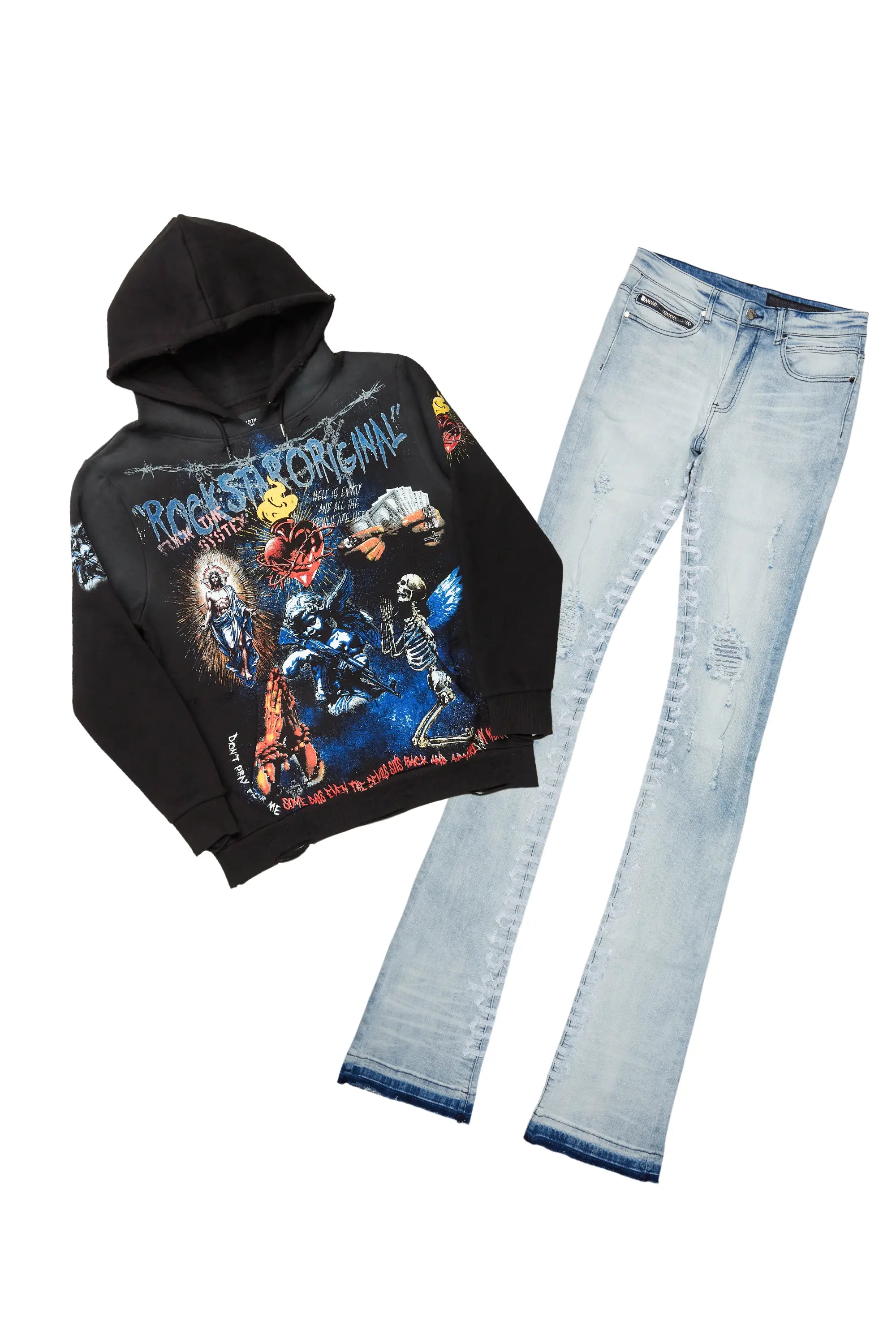 Inis Black Hoodie & Colette Blue Super Stacked Flare Jean Bundle Dynamic Men's Moto