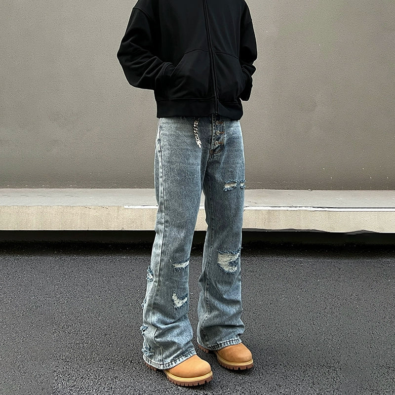 Distressed Wide-Leg Denim Pants Minimalist Men's Casual 