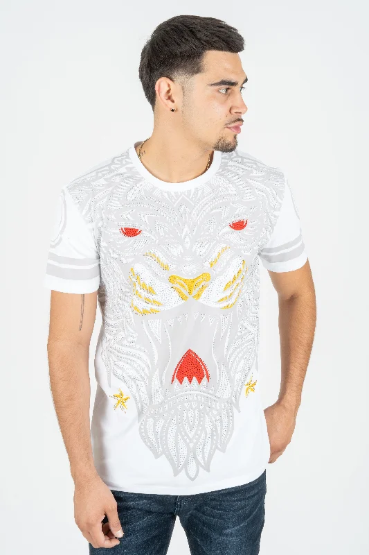 Men's Cotton White Rhinestone T-shirt Polished Men's Silk