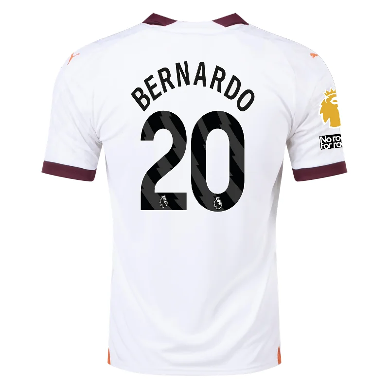 Puma Manchester City Bernardo Silva Away Jersey w/ EPL + No Room For Racism Patches 23/24 (Puma White/Aubergine) Tailored Puma Manchester City Bernardo Silva Away Jersey w/ EPL + No Room For Racism Patches 23/24 (Puma White/Aubergine) Tailored