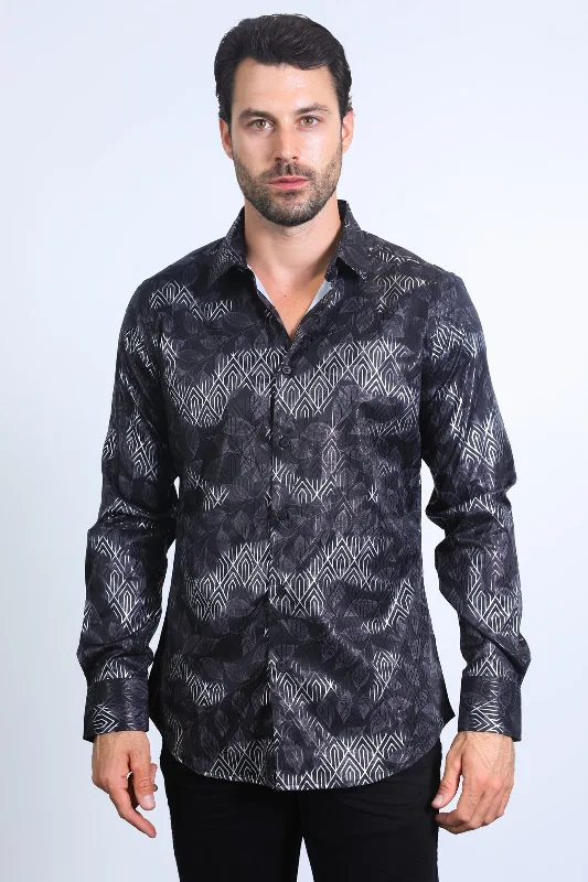 Mens Modern Fit Stretch Foil Fashion Black/Charcoal Shirt Modern Men's Tech