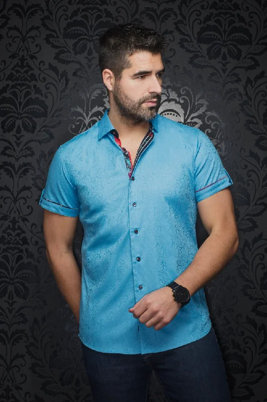 Au Noir Stretch Short Sleeve Shirt | Donizetti Turquoise Preppy Men's College