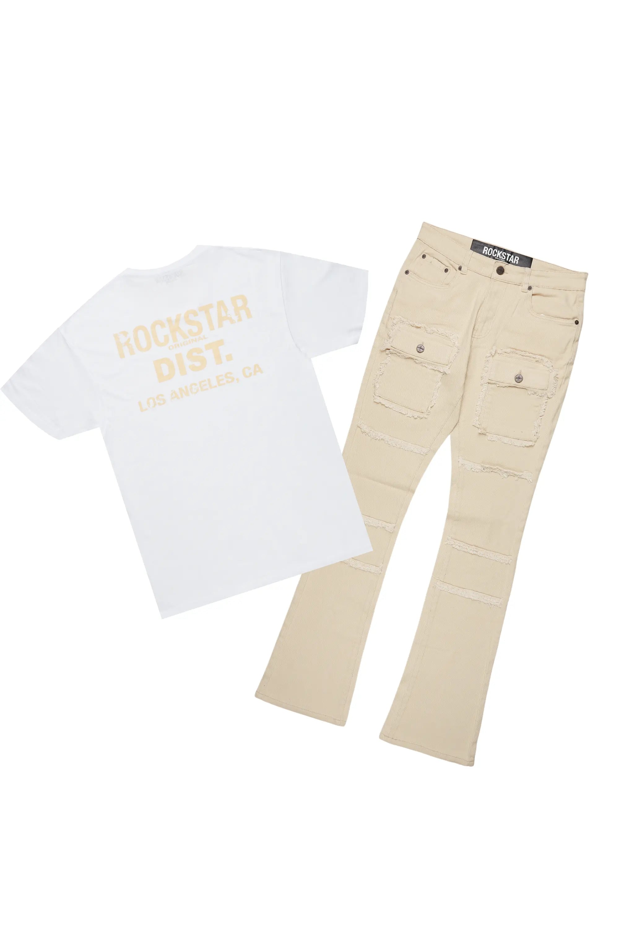 Lake White/Beige T-Shirt/Stacked Flare Cargo Jean Bundle Confident Men's High