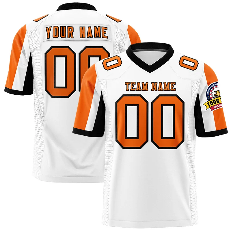Custom White Orange-Black Color Block Personalized Raglan Sleeves Authentic Football Jersey Unique Men's Upcycled Custom White Orange-Black Color Block Personalized Raglan Sleeves Authentic Football Jersey Unique Men's Upcycled