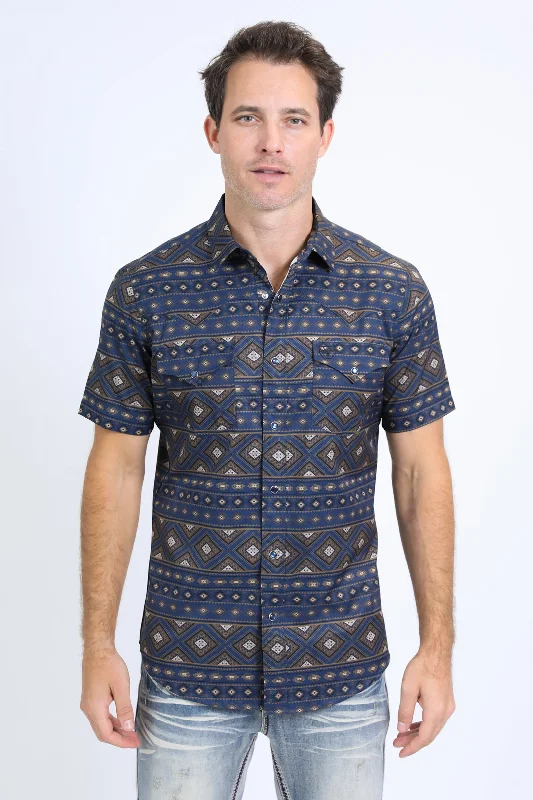 Mens Performance Western Short Sleeve Aztec Print Navy Shirt Unique Men's Upcycled