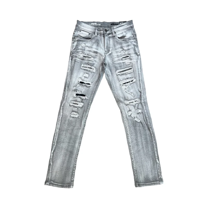 Copper Rivet Washed Ripped Wrinkle Jean (Grey) Unique Men's Upcycled