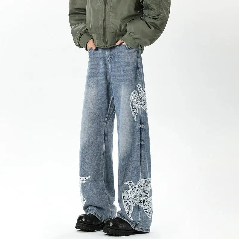 Lace Stitching Wide-Leg Jeans British Gentleman Style