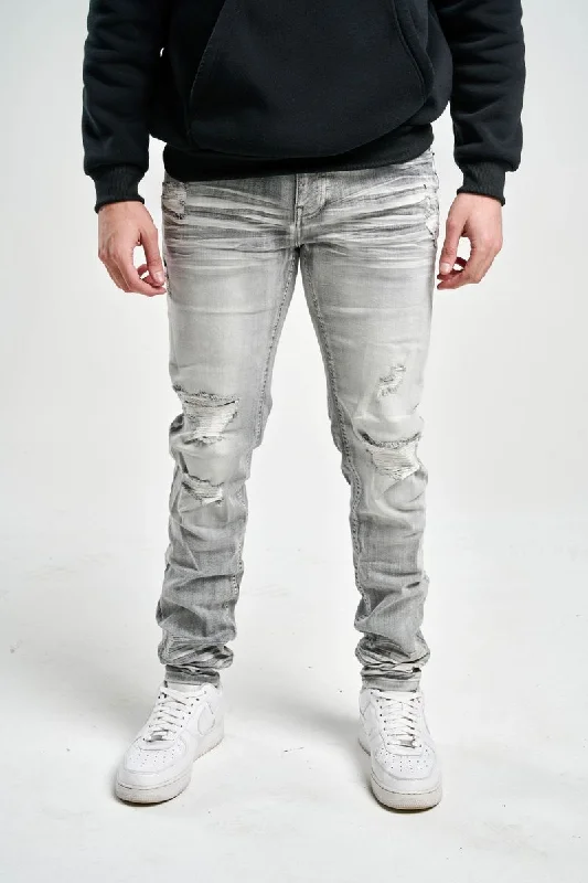 Spark Slim Fit Stretch Jeans with 3D Crinkle & Repair (Grey) Trendy Men's Bucket