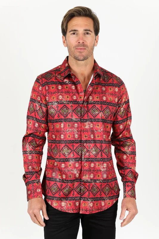 Mens Modern Fit Stretch Foiled Shirt - Red Modern Men's 