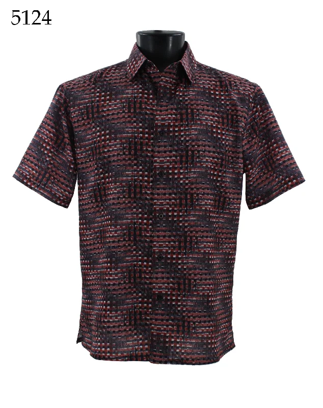 Bassiri Short Sleeve Button Down Casual Printed Men's Shirt - Abstract Pattern Red #5124 Casual Men's Short