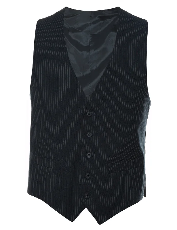 Black & Light Blue Pinstriped Waistcoat - L Vintage Men's 1970S Disco