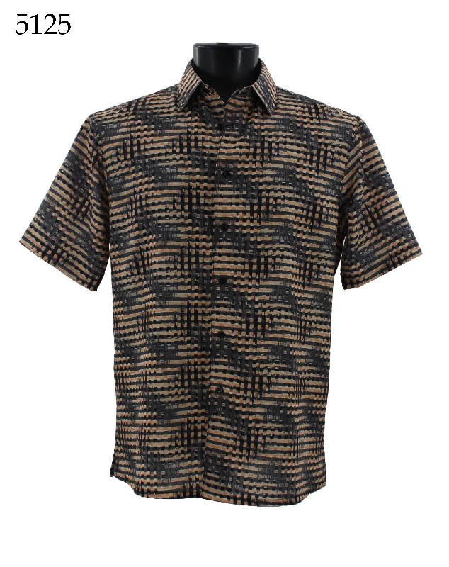 Bassiri Short Sleeve Button Down Casual Printed Men's Shirt - Abstract Pattern Tan #5125 Dynamic Men's High