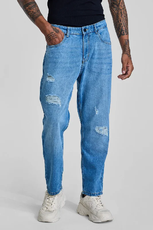 Blue Distressed Baggy Fit Jeans Sporty Men's Tennis