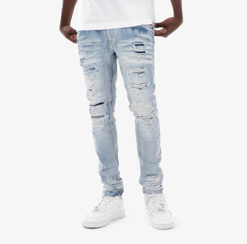 Copper Rivet Washed Ripped Wrinkle Jean (Light Sand Blue) Sporty Men's Tennis