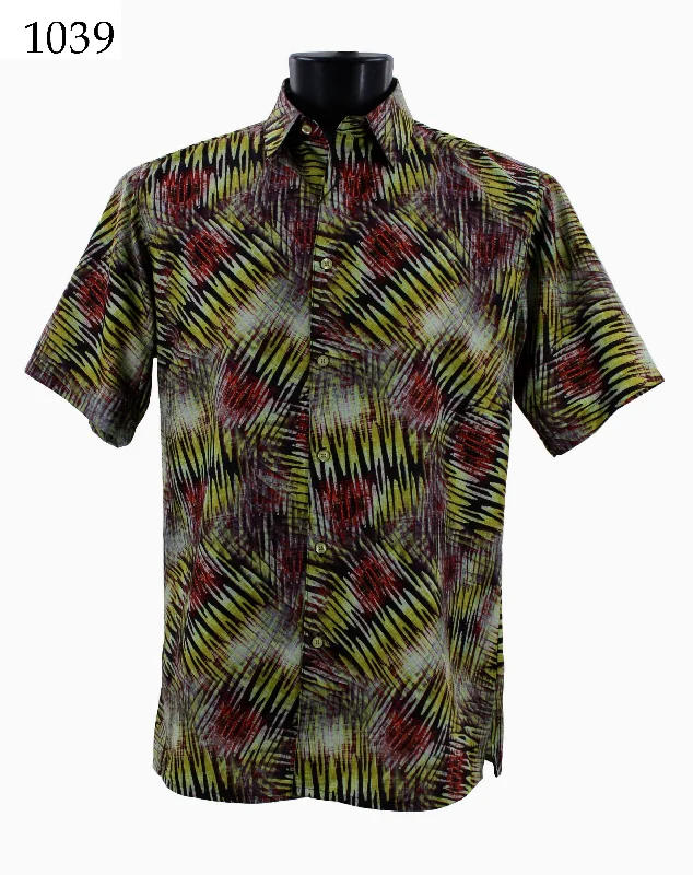 Bassiri Short Sleeve Button Down Casual Printed Men's Shirt - Abstract Pattern Yellow #1039 Traditional Men's Wool