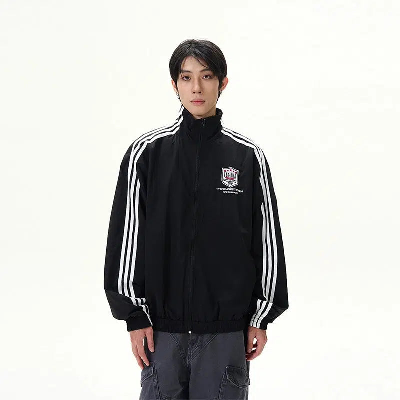 Retro Striped Track Jacket Trendy Men's Bucket