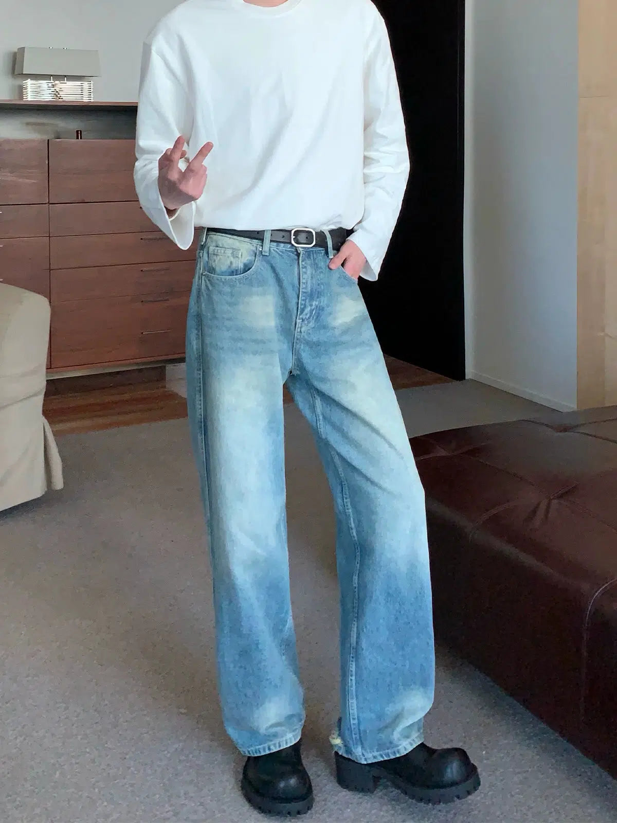 Washed Straight-leg Jeans Polished Men's Silk