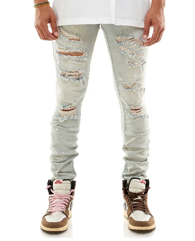 KDNK Paint Splatter Destroyed Anker Zipper Denim Jean (Light Blue) Practical Men's Quick