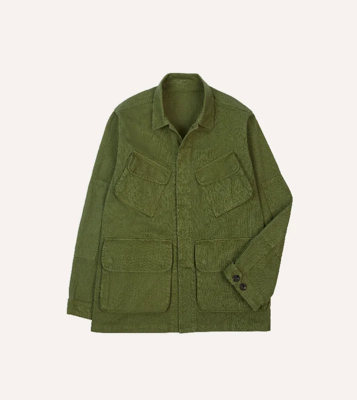 Olive Herringbone Cotton Jungle Jacket Cozy Men's Sherpa
